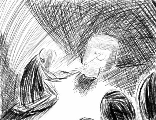 Black and white drawing of person tending to flat bread in a wood burning stove. The fire from the stove casts shadows from the people nearby.