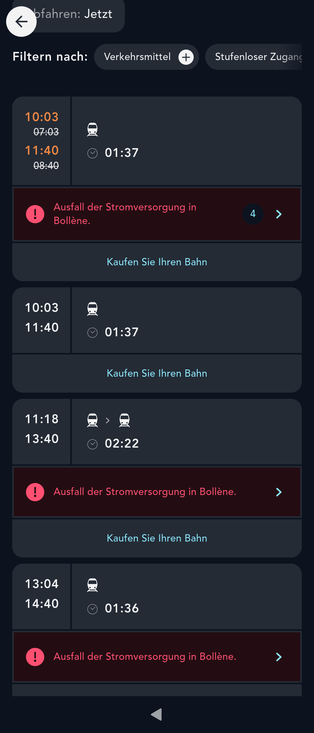 Screenshot der sncf-app mit roten warnhinweisen.