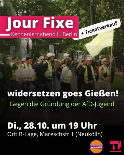 💥Ankündigung! Dienstag 28.10.2025💥
🔥Infos zu widersetzen und Kennenlernen der IL Berlin🔥
Dienstag, 28.10.2025 | 18:00 Uhr | B-Lage Mareschstraße 1, 12055 Berlin
Anreise: S9, S41, S42, S45 Sonnenallee | Bus 171, M41 Mareschstraße
📣 Aufruf: https://asanb.noblogs.org/?p=13752 - @il_berlin
#b2810 #widersetzen #gießen
😡 Am 29. und 30. November will die AfD in Gießen eine neue Jugendorganisation gründen und damit eine neue Generation gewaltbereiter Faschist*innen heranziehen.
🩷 Das Aktionsbündnis „widersetzen“ stellt sich der Normalisierung der AfD und der Neugründung ihrer Jugendorganisation in Gießen mit zivilem Ungehorsam in den Weg!
❌ Am 29.11.2025 werden tausende Menschen aus der gesamten Bundesrepublik den Gründungsparteitag der AfD Jugend blockieren.
🚍 Die Interventionistische Linke ist Teil des Bündnis „widersetzen“ und ruft auf, gemeinsam aus Berlin mit Bussen nach Gießen zu fahren.
👉 Am 28.10. gibt es alle Infos zu:
Warum blockieren wir die AfD? Wie realisieren wir das erfolgreich? Wie könnt ihr euch darauf vorbereiten? Wie wird der Tag in Gießen ablaufen?
👉 Und ihr könnt bereits Bustickets kaufen.
📍Nach der Veranstaltung habt ihr die Möglichkeit, die iL Berlin durch Gespräche näher kennenzulernen.