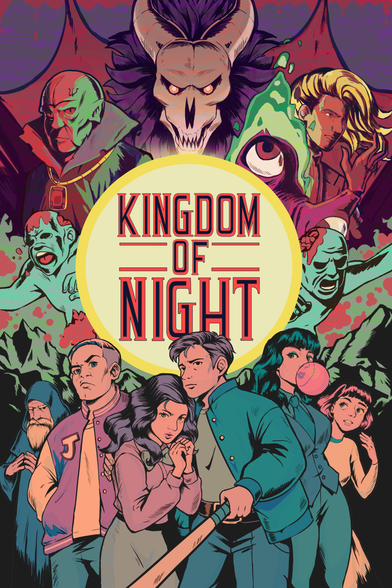 Key art of Kingdom of Night game in portrait mode, showing the humans in the bottom and the monsters on the top with the game title in the middle.
