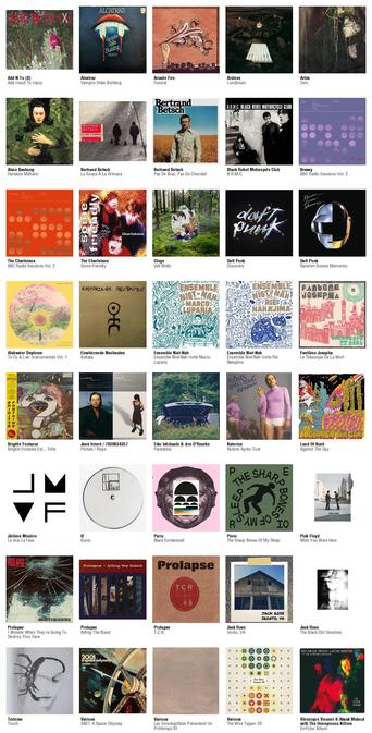 Collage des pochettes des albums de Add N To (X) (Add Insult To Injury), Alcatraz (Vampire State Building), Arcade Fire (Funeral), Archive (Londinium), Artús (Cerc), Alain Bashung (Fantaisie Militaire), Bertrand Betsch (La Soupe À La Grimace), Bertrand Betsch (Pas De Bras, Pas De Chocolat), Black Rebel Motorcycle Club (B.R.M.C.), Brassy (BBC Radio Sessions Vol. 2), The Charlatans (BBC Radio Sessions Vol. 2), The Charlatans (Some Friendly), Clogs (Veil Waltz), Daft Punk (Discovery), Daft Punk (Random Access Memories), Alabaster Deplume (To Cy & Lee: Instrumentals Vol. 1), Einstürzende Neubauten (Kollaps), Ensemble Nist-Nah (Ensemble Nist-Nah invite Marco Luparia), Ensemble Nist-Nah (Ensemble Nist-Nah invite Rie Nakajima), Fantôme Josepha (Le Télescope De La Mort), Brigitte Fontaine (Brigitte Fontaine Est... Folle [2025]), Jana Irmert / 7038634357 (Portals / Rope), Eiko Ishibashi & Jim O'Rourke (Pareidolia), Katerine (Robots Après Tout), Land Of Kush (Against The Day), Jérôme Minière (Le Vrai Le Faux), Ø (Kuvio), Perio (Black Condensed), Perio (The Sharp Bones Of My Sleep), Pink Floyd (Wish You Were Here), Prolapse (I Wonder When They're Going To Destroy Your Face), Prolapse (Killing The Bland), Prolapse (T.C.R.), Jack Rose (Ironto, VA), Jack Rose (The Black Dirt Sessions), Tortoise (Touch), Various (2001: A Space Odyssey), Various (Les Inrockuptibles Présentent Un Printemps 91), Various (The Wire Tapper 39) et quelques autres