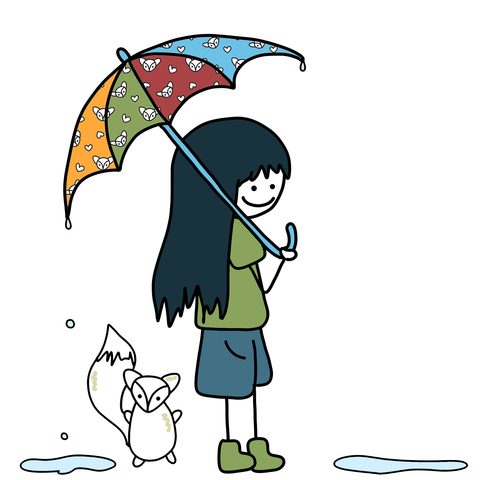 Eine Zeichnung von einem Mädchen (Mia) und einem Polarfuchs. Mia hält einen bunten Regenschirm, von dem mehrere Tropfen herunterfallen.