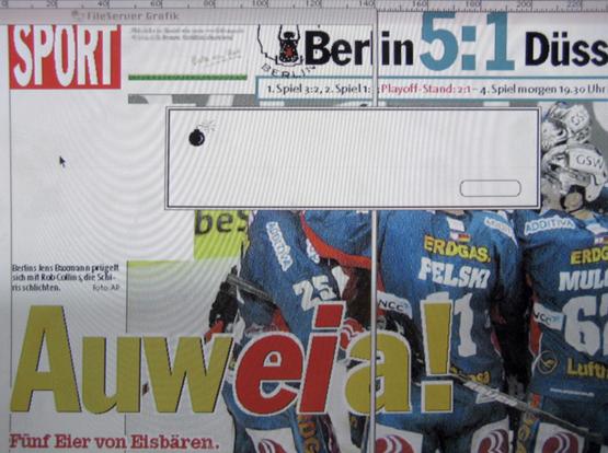 das bild zeigt einen bildschirm, der eine zeitungsseite in bearbeitung darstellt. auf der seite wird über eine eishockeyspiel zwischen berlin und düsseldorf berichtet, mit dem ergebnis von 5:1 für berlin und der überschrift "auweia!".
in der mitte des bildes befindet sich ein rechteckiges, weißes fenster mit einer schwarzen bombe links oben und einer schaltfläche rechts unten, allerdings ohne text. der entsprechende computer scheint abgtestürzt.
die schlagzeile "auweia!" korrespondiert mit dem gerade stattgefundenen absturz des computers.
