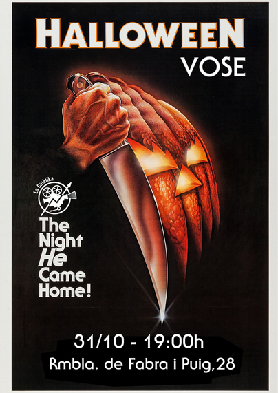 Cartell de la pel·lícula de La nit de Halloween, la imatge es una carbassa amb ulls i nas es va transformant en una mà que agafa un ganivet.