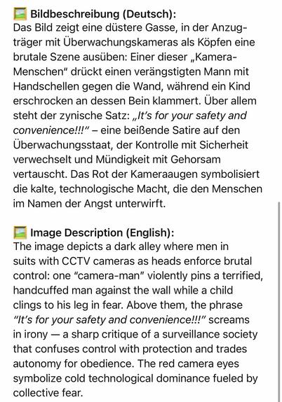 Bildbeschreibung (Deutsch):
Das Bild zeigt eine düstere Gasse, in der Anzug-träger mit Überwachungskameras als Köpfen eine brutale Szene ausüben: Einer dieser „Kamera-Menschen" drückt einen verängstigten Mann mit Handschellen gegen die Wand, während ein Kind erschrocken an dessen Bein klammert. Über allem steht der zynische Satz: „It's for your safety and convenience!!!" - eine beißende Satire auf den Überwachungsstaat, der Kontrolle mit Sicherheit verwechselt und Mündigkeit mit Gehorsam vertauscht. Das Rot der Kameraaugen symbolisiert die kalte, technologische Macht, die den Menschen im Namen der Angst unterwirft.
• Image Description (English):
The image depicts a dark alley where men in suits with CCTV cameras as heads enforce brutal control: one "camera-man" violently pins a terrified, handcuffed man against the wall while a child clings to his leg in fear. Above them, the phrase
"It's for your safety and convenience!!!" screams in irony - a sharp critique of a surveillance society that confuses control with protection and trades autonomy for obedience. The red camera eyes symbolize cold technological dominance fueled by collective fear.🖖