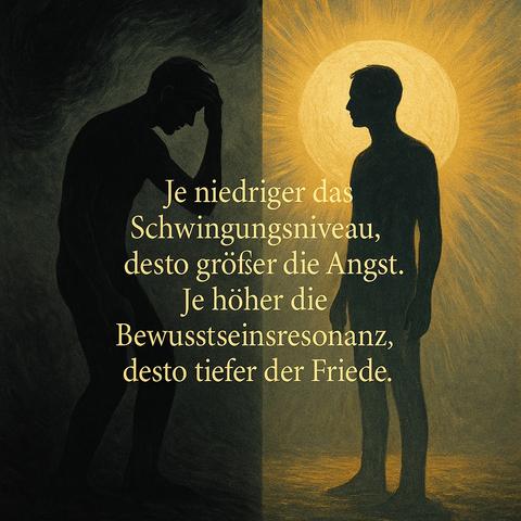 Image Description (English):
The image portrays two halves of a human figure, divided by light and darkness - on the left, bent in fear and shadow; on the right, upright and calm, bathed in golden light. The golden quote reads:
"The lower the vibrational level, the greater the fear.
The higher the resonance of consciousness, the deeper the peace."
This composition symbolizes the three destructive forces Albert Einstein warned of - greed, fear, and ignorance — which define the lowest levels of awareness. On the illuminated side, consciousness transcends these poisons through awareness, responsibility, and compassion, revealing the path from shadow to resonance.🖖