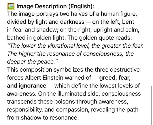 Image Description (English):
The image portrays two halves of a human figure, divided by light and darkness - on the left, bent in fear and shadow; on the right, upright and calm, bathed in golden light. The golden quote reads:
"The lower the vibrational level, the greater the fear.
The higher the resonance of consciousness, the deeper the peace."
This composition symbolizes the three destructive forces Albert Einstein warned of - greed, fear, and ignorance — which define the lowest levels of awareness. On the illuminated side, consciousness transcends these poisons through awareness, responsibility, and compassion, revealing the path from shadow to resonance.🖖