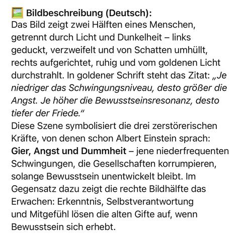 Bildbeschreibung (Deutsch):
Das Bild zeigt zwei Halften eines Menschen, getrennt durch Licht und Dunkelheit - links geduckt, verzweifelt und von Schatten umhüllt, rechts aufgerichtet, ruhig und vom goldenen Licht durchstrahlt. In goldener Schrift steht das Zitat: „Je niedriger das Schwingungsniveau, desto größer die Angst. Je höher die Bewusstseinsresonanz, desto tiefer der Friede."
Diese Szene symbolisiert die drei zerstörerischen Kräfte, von denen schon Albert Einstein sprach:
Gier, Angst und Dummheit - jene niederfrequenten Schwingungen, die Gesellschaften korrumpieren, solange Bewusstsein unentwickelt bleibt. Im Gegensatz dazu zeigt die rechte Bildhälfte das Erwachen: Erkenntnis, Selbstverantwortung und Mitgefühl lösen die alten Gifte auf, wenn Bewusstsein sich erhebt.🖖
