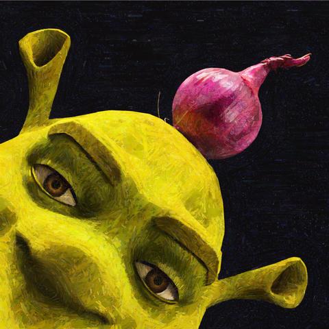 A vibrant oil painting depicts Shrek's iconic green ogre face dominating the left side of the composition, rendered in thick, expressive brushstrokes of chartreuse and olive yellow. His face is shown at an angle, with two large, soulful brown eyes gazing directly at the viewer. The eyes are detailed with visible pupils and subtle highlights that give them depth and emotion. His characteristic pointed ears extend upward from his rounded head, one visible at the top left of the frame.
In the upper right portion of the painting sits a single red onion, painted in shades of magenta, pink, and deep crimson. The onion's layered, papery skin is suggested through varied brushwork, and a dried sprout or stem extends from its top. The onion's placement creates a visual dialogue with Shrek's face, likely referencing the famous "ogres are like onions" scene from the film.
The background is rendered in deep navy blue and black, with visible brushstrokes creating texture throughout the dark space. The overall composition uses bold color contrasts—the bright yellow-green of Shrek's skin against the dark background, with the pink-red onion providing a tertiary accent. The painterly style emphasizes texture and bold color application rather than photorealistic detail, giving the work an expressive, almost folk-art quality.