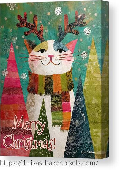 Playful collage of a cheerful white and calico cat with reindeer antlers and a striped scarf, surrounded by bright patterned trees and snowflakes on a teal and green background. Art by Lisa S Baker.