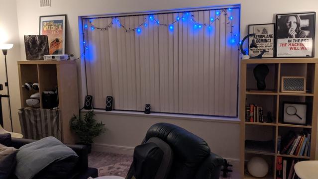 my living room, with blue fairy lights