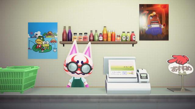 Animal Crossing: New Horizons screenshot. Image shows Kabuki (white cat with red striping similar to a Kabuki mask) with bottle glasses and a convenience store shirt / apron combo behind a counter with a register and green shopping basket on it. There is a wall of two posters behind him as well as a rack of various bottles.