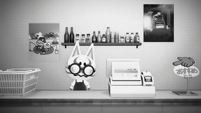 Black and white Animal Crossing: New Horizons screenshot. Image shows Kabuki (white cat with striping similar to a Kabuki mask) with bottle glasses and a convenience store shirt / apron combo behind a counter with a register and shopping basket on it. There is a wall of two posters behind him as well as a rack of various bottles.
