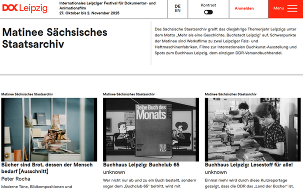 Screenshot von der Website des DOKLeipzig mit einem Ausschnitt zum Programm der Matinee des Sächsischen Staatsarchivs