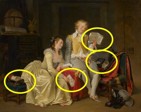 Marguerite Gérard's painting from c. 1785, nowadays in the Bayerische Staatsgemäldesammlungen - Neue Pinakothek München, shows a wealthy young man and a welathy young woman inside of a building. She is holding a letter, and he is reading a letter. Highlighted are papers of the painting.