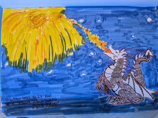 To the right a finely scaled dragon spits fire into the night sky, which blossoms into a chrysanthemum like firework effect.