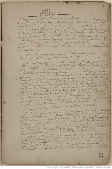 Extrait d'un manuscrit , du peintre grenoblois Diodore Rahoult. Il est indiqué en haut, au centre : "1837 Préface à lire".