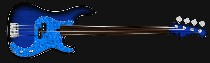 A magnífico dark blue fretless full scale Bass