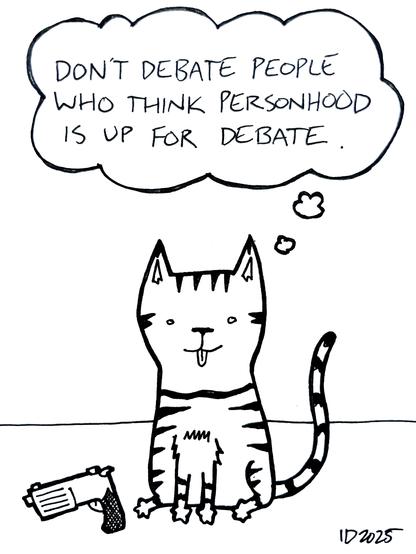 a striped cat sits with its tongue out next to a pistol and thinks "don't debate people who think personhood is up for debate."