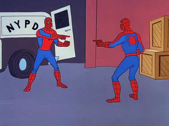 Two identical Spider-Men from the 1960s cartoon stand pointing at each other in front of an NYPD truck and wooden crates