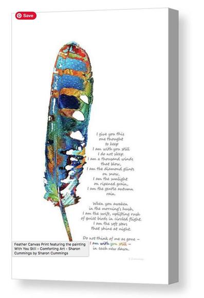 Colorful feather with words of comfort for death of a loved one.  Art by artist Sharon Cummings.