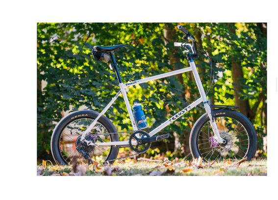 Crust bikes Stupid Tourist mini velo against a backdrop of trees