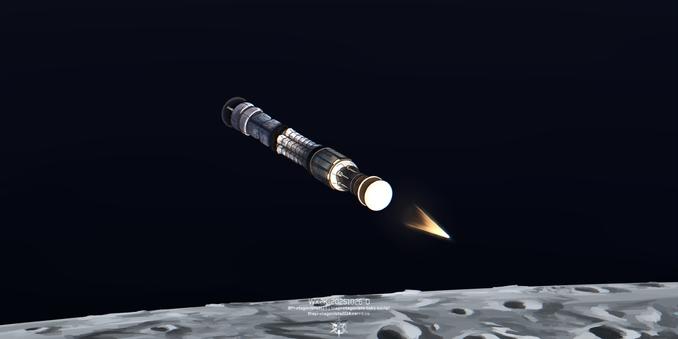 drawing of a spaceship firing its orion drive as it flies past the moon