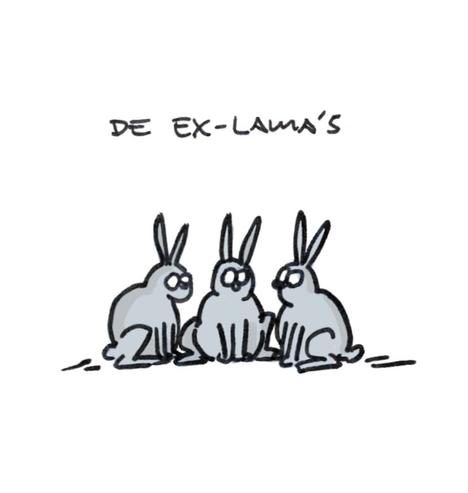 Titel van de cartoon: “De ex-lama’s”
Daaronder zitten drie grijze konijntjes.