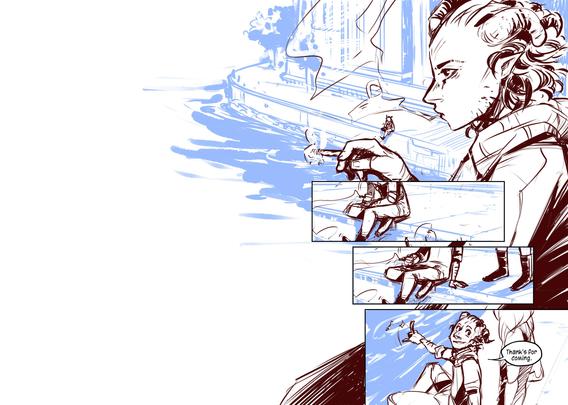 Sketched Comicpage of a man with horns (Aleksje) sitting at the docks smoking. 
A second person enters the scene - he snipps the cigarette away. "Thanks for coming", he says friendly.