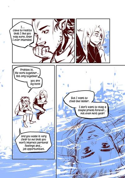 Sketched Comicpages 3
Aleksje confirms, that he came to like Velvér way more than intented. Problem is, Velvér is his boss and wont intermix personal feelings and job opportunities - but Aleksje wants to get promoted.