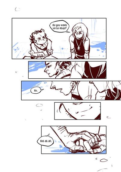 Sketched comicpage 5
Velvér wants to know, if they should stop (seeing each other) - Aleksje takes a moment to think, than says "no" and after a smile "Not at all"
We see their hands touching.