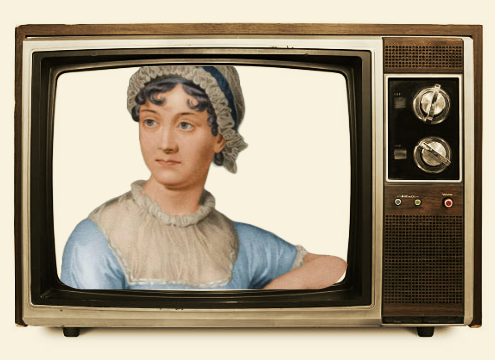 Image of Jane Austen in the screen of a vintage telly.