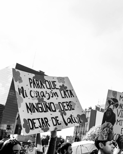Fotografía en blanco y negro. Protesta contra el especismo en Ciudad de México. Una compañere sostiene con sus manos un cartel con flores dibujadas y a la letra dice: PARA QUE MI CORAZÓN LATA NINGUNO DEBE DEJAR DE LATIR. A su alrededor se encuentran otres compás sosteniendo afiches y en la parte de atrás se vislumbran edificios y árboles. © Sofía Dumat|CLAMOR DE LIBERTAD