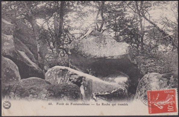 Printed monochrome postcard showing a view of the Roche qui Tremble, or Trembling Rock, in the Forêt de Fontainebleau in France.

Published by A. Siron, Barbizon, No 68.

Postally used on 12 April 1909 with Gare de ?, Seine-et-Marne cancellation on red 10c stamp and sent to Monsieur & Madame Gaillemain, 2 rue Étienne Marcel, Montreuil sous Bois and with receipt postmarks for Montreuil-sous-Bois on the following day.

Very good condition, with very slight corner bumps.