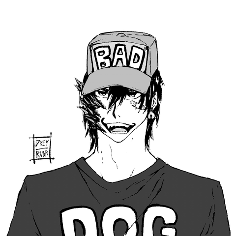 A manga illustration of a werewolf character wearing a hat with "BAD" inscribed and a T-shirt with the top of the word "DOG" showing.