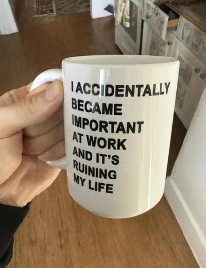 Coffee mug that reads:
I accidentally became important at work and it's ruining my life
