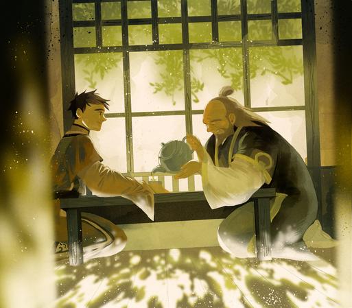 digital illustration showing Zuko and Iroh taking a break together. They are sitting on the floor at a small table and Iroh is pouring Zuko a cup of tea.
Behind them is a window.
In front of them is a blurry open door, to visualize that the viewer is getting a glimpse of a moment between the two.
Zuko is a teenager with short black hair and brown robes, Iroh is an older man with long grey hair and a beard and green robes.