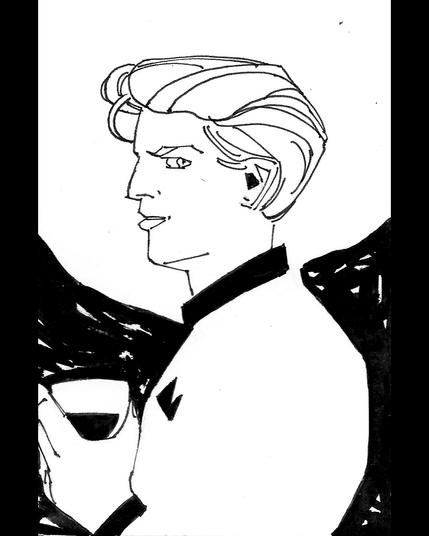 Dibujo con tinta de Lucifer Morningstar de perfil, mirando hacia el espectador. Viste un traje blanco y lleva una copa en la mano izquierda. Sus facciones están inspiradas en David Bowie.