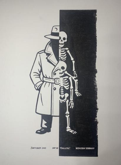 A black ink drawing drawing of a mysterious figure cloaked in hat and trench coat. The image is split down the middle with a white background and the figure described on the left. The right side is an X-ray view showing white bones on a black field. It reveals the figure is in fact two small people, one seated on the shoulders of the other.