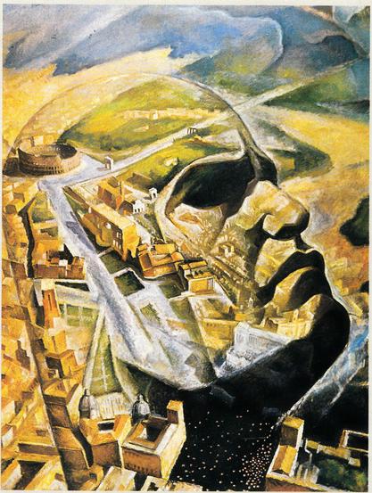 Painting of a landscape seen from above, as if from an airplane. Mussolini's profile appears to be emerging from the contours of the hills and town
