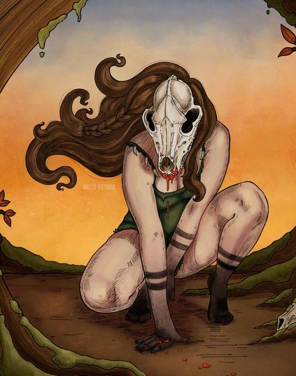 A close-up of the woman crouching in a tattered green dress, showing the detail of the canine skull she wears on her face, blood dripping from its maw, her hair blowing wildly in the wind.