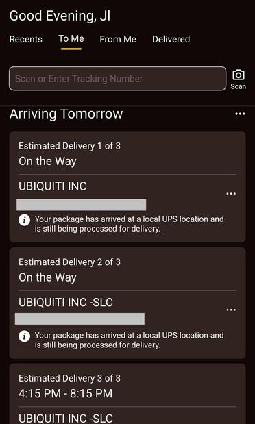 Screenshot of UPS my choice showing three different orders coming from Ubiquiti