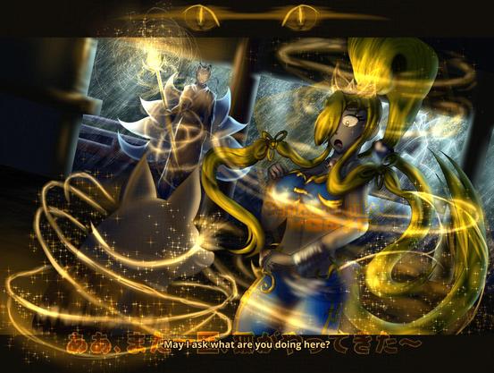 Claudia ([She/Her] A caucasian woman with blonde hair. Her hair is styled with a bang covering her right eye, her side bangs going past her chest with a knot midway, and a unique and large ponytail that has a big curve a foot above her head before going down - passing thru a large blue gem bead before splitting in two and coming back into another blue gem bead - going past her knees. She wears a blue bra with gold rims with the rims making a curved spike design at the side of her breasts. A silver tiara rests on her head with a blue gem, with a necklace in the style of her family's former kingdom (upside down pentagon with two curved triangles on each side and two curved spikes facing downward) in silver and a gem in the middle. Her eyes are of a brown with blue magic sparkles within them subtlely.) inside of a japanese shrine while a thunderstorm is taking place outside, she's looking at a fox statue with a red cloth tied around it. While a Kitsune walks into the shrine and activates some kind of bright orange magic. The statue's eyes glow as Claudia looks in shock, both surrounded with a magical swirl with Claudia getting ghostly elements of a fox ears and tail on her. Subtitles over the crop say "May I ask what are you doing here?" with japanese subtitles that (might) say the same thing behind it.