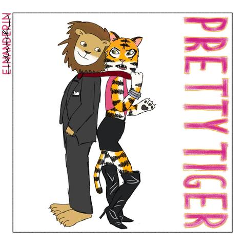 Digitale Zeichnung: ein Löwe und ein Tiger stellen das Kinoplakat zum Film "Pretty Woman" nach, auf dem Julia Roberts und Richard Gere Rücken an Rücken stehen und Julia Richard mit seiner Krawatte zu sich zieht. Hier heißt der Film aber "Pretty Tiger" und der Tiger im Minikleid und in Overknee-Stiefeln sieht nicht sehr glücklich aus, beinahe verärgert, während der Löwe im Anzug schmunzelnd lächelt.