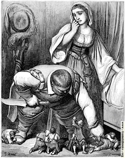 Seven tiny children—or rather, seven children in an oversized room—no taller than the ankles of the ogre bending over to pick them up. The children are praying, supplication, kneeling (one barefoot) but to no avail. Behind him. the ogre’s wife looks on with dismay as the ogre, giant knife in hand, pulls the boys from under the bed.
Black and white engraving from 1883.