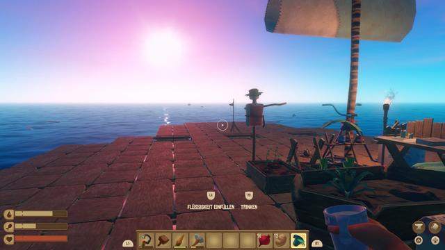 An expansive view of a serene ocean at sunset from a wooden raft. The scene includes a scarecrow, a potted plant, and various tools and items on a table. There is a torch and a sail, with the sky transitioning from pink to blue. The player holds a cup with something to drink.