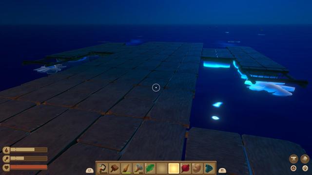 A wooden raft is shown floating on dark waters at night, with some illuminated sections beneath the surface. The scene appears calm and serene, reflecting a blue ambiance. A small boat is visible to the left, and various items are displayed in a toolbar.