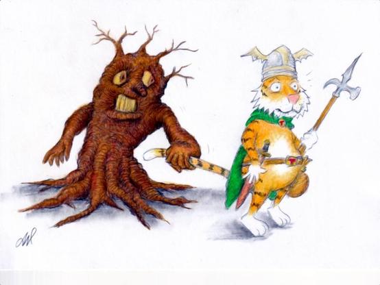 The image is a cartoon-style illustration featuring two figures against a white background. On the left is a creature resembling a tree, with a large, rounded trunk covered in bark-like textures. The creature has a wide, toothy grin and prominent, oval eyes. The tree-like figure’s limbs are thick and branch-like, and its roots extend downwards. On the right is a figure that appears to be a tiger dressed as a knight, wearing a helmet, a green cloak with a red lining, and holding a spear. The cat-knight has a confident expression and is poised as if ready for battle. The tree is grabbing the tiger's tail. The illustration has a whimsical and fantastical style.