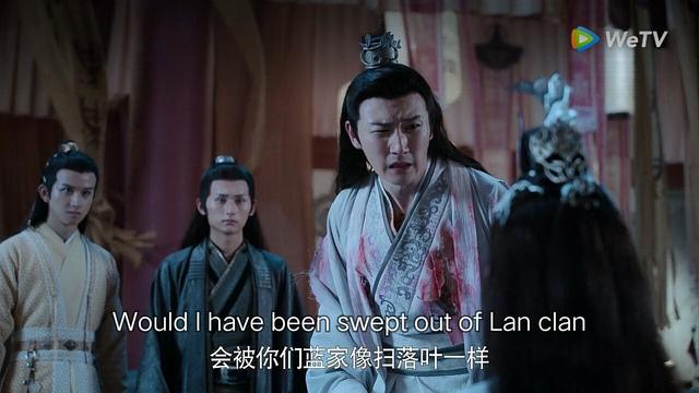 Su She, blood stains splotched across his white robes, confronts Lan Wangji, partially shown from behind in the lower right corner of the image, while Jin Ling and Nie Huaisang look on:

Would I have been swept out of Lan clan
会被你们蓝家像扫落叶一样