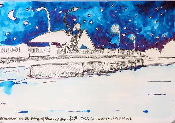 A bridge over a river, it's not a very high bridge. To the background, the sky is patchy dark blue with moon and stars, and on the bridge a dragon lands next to a seated figure contemplating the water.